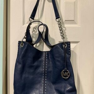 Michael Kors Navy Leather Studded Shoulder Tote